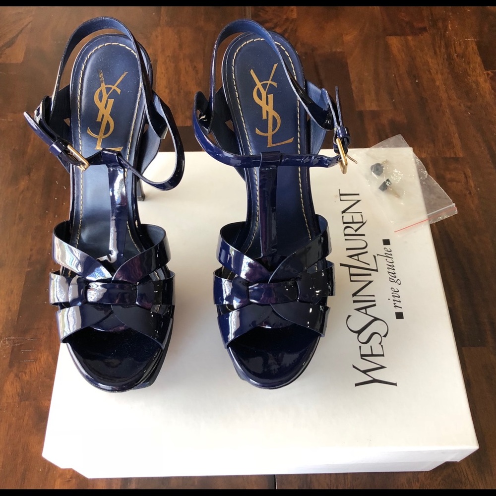 YSL Tribute 105 Navy Blue Patent Sandals Size 38